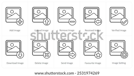 A set of 10 image icons as add image, upload image, remove image