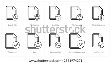 A set of 10 file icons as search file, file setting, send file