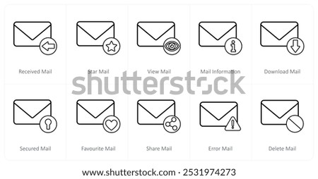 A set of 10 mail icons as received mail, star, view mail, information