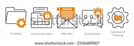 A set of 5 GDPR icons as file setting, sensitive information, gdpr letter