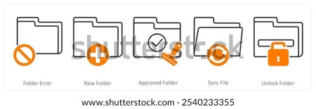 A set of 5 Files icons as folder error, new folder, approved folder