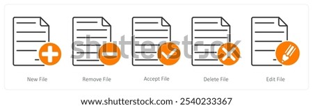 A set of 5 Files icons as new file, remove file, accept file