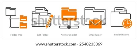 A set of 5 Files icons as folder tree, edit folder, network folder