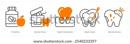 A set of 5 Dental Care icons as vitamins, dental floss, tooth extraction