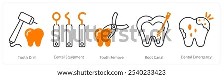 A set of 5 Dental Care icons as tooth drill, dental equipment, tooth remove