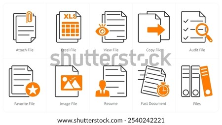 A set of 10 files icons as attach file, excel file, view file