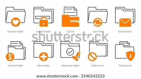 A set of 10 files icons as favorite folder, unlock folder, zip file