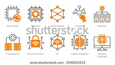 A set of 10 technology icons as driver update, hardware, neural network