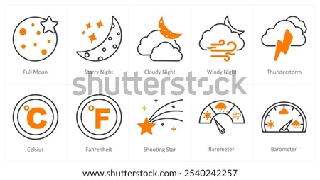 A set of 10 weather icons as full moon, starry night, cloudy night