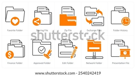 A set of 10 files icons as favorite folder, sharing file, zip file