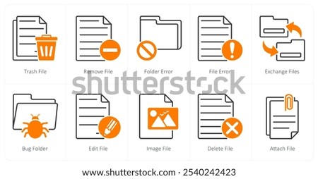 A set of 10 files icons as trash file, remove file, folder error