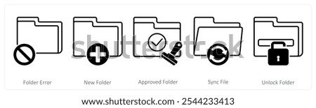 A set of 5 Files icons as folder error, new folder, approved folder