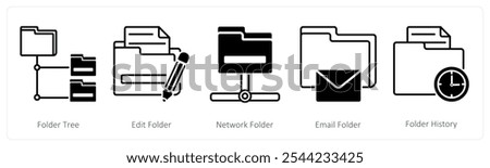 A set of 5 Files icons as folder tree, edit folder, network folder