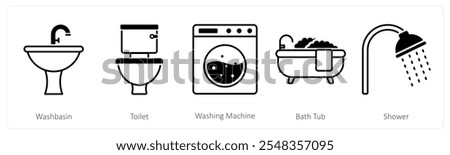 A set of 5 Furniture icons as wash basin, toilet, washing machine