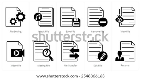 A set of 10 files icons as file setting, music file, save file