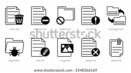 A set of 10 files icons as trash file, remove file, folder error