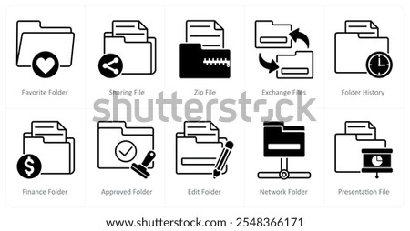 A set of 10 files icons as favorite folder, sharing file, zip file