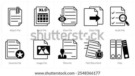 A set of 10 files icons as attach file, excel file, view file