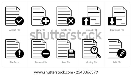 A set of 10 files icons as accept file, new file, delete file