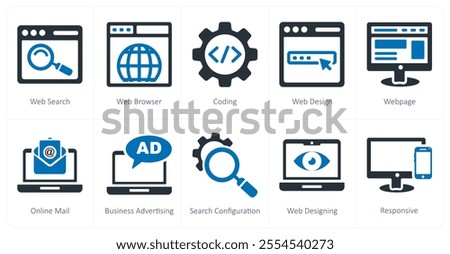 A set of 10 seo and digital marketing icons as web search, web browser, coding