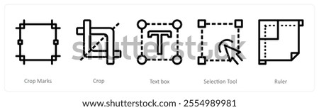 A set of 5 design icons as crop marks, crop, text box