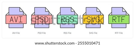 A set of files icons as avi file, psd file, rss file