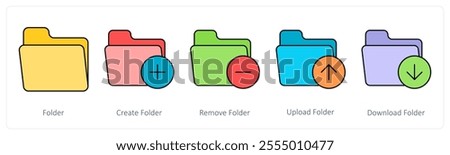 A set of folder icons as folder, create folder, remove folder