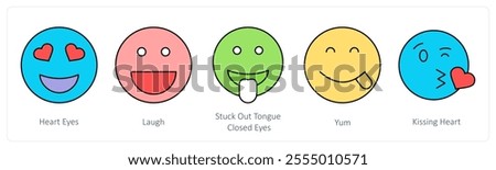 A set of face emoticon icons as heart eyes, laugh, stuck out tongue closed eyes