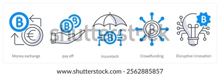 A set of 5 bitcoin icons as money exchange, pay off, insuretech