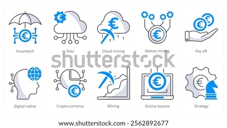 A set of 10 euro icons as insuretech, saas, cloud mining