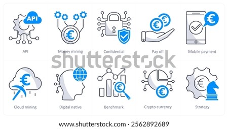 A set of 10 euro icons as api, money mining, confidential