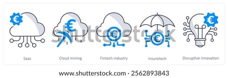 A set of 5 Euro icons as saas, cloud mining, fintech industry