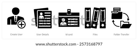 A set of 5 mix icons as create user, user details, id card