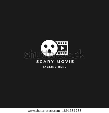 Scary Movie vector logo design. Roll film with face mask sign and film strip concept graphic template for digital streaming and tv company