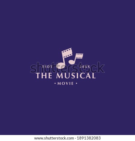 Abstract modern musical movie and film logo with film roll and tone shape on dark background for digital, movie, cinema, and music company