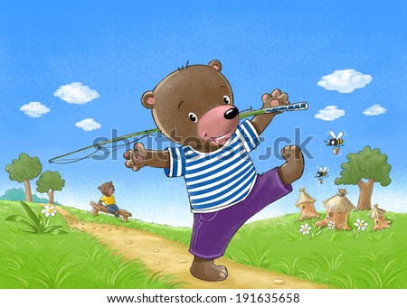 Funny happy bear-sailor go fishing with a fishing rod.