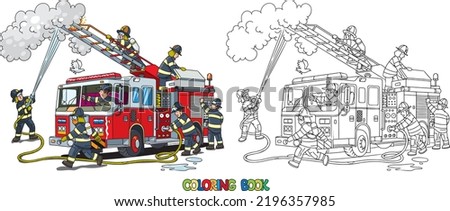 Firefighters near a fire truck. Coloring book