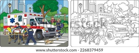 Paramedics near the ambulance. Cars coloring book