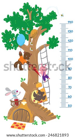 Meter wall or height meter with big tree and funny rabbit, piglet, owl and bear with balloon