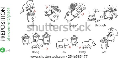 Preposition of movement. Funny bears cartoon set