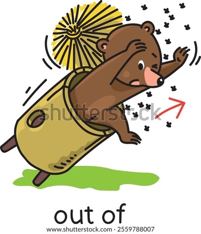 Preposition of movement. Bear is OUT OFF the beehive