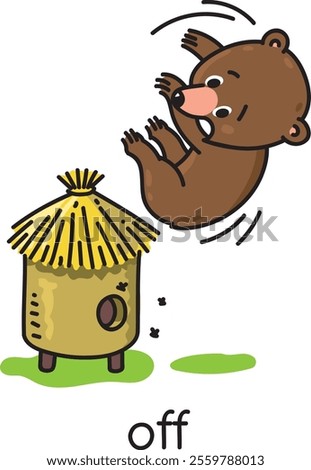 Preposition of movement. Bear is OFF the beehive