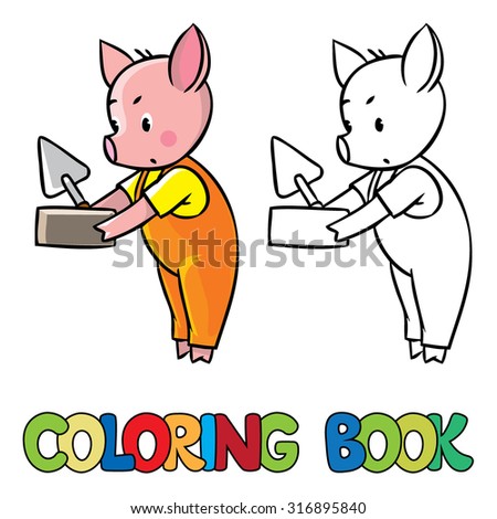 Coloring book or coloring picture of little piglet in orange overall with brick and trowel. Zdjęcia stock © 