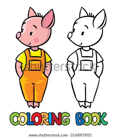 Coloring book or coloring picture of little piglet in orange overall. Zdjęcia stock © 