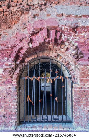 BREST BELARUS - 07 MAY. Black orange ribbons of St George on forged decorative gates.