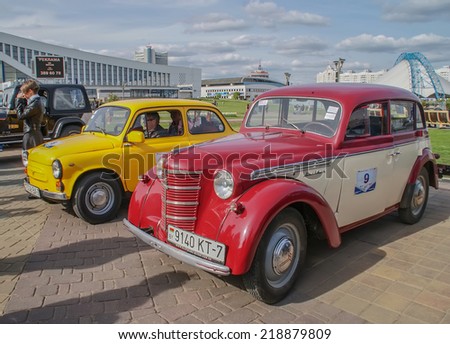 MINSK, BELARUS - 07 MAY. Exhibition of vintage cars. Red Muscovite-400/401, Yellow ZAZ-965 Zaporozhets.
