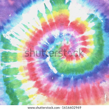 Rainbow Tye Dye Spiral. Dyed Pattern. Rainbow Psychedelic Round. Fabric Design. 70s Style Background. Colorful Tye Die Swirl. Funky Pattern. 60s Effect Background. Colorful Tie Die Swirl. Сток-фото © 
