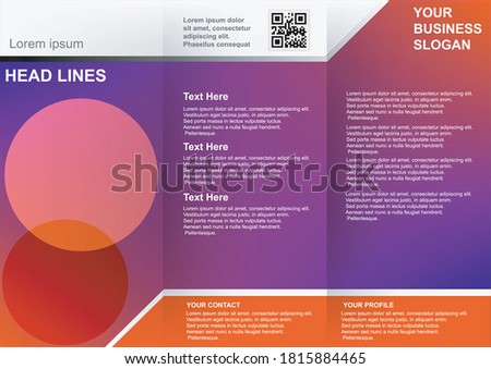 Brochure three columns with purple and orange gradient mesh background , white header and orange footer nice for your business