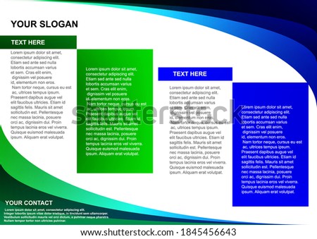 Brochure with four columns and blue curves header and green curves footer