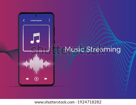 Music streaming mobile app design. Music streaming, podcast with smartphone